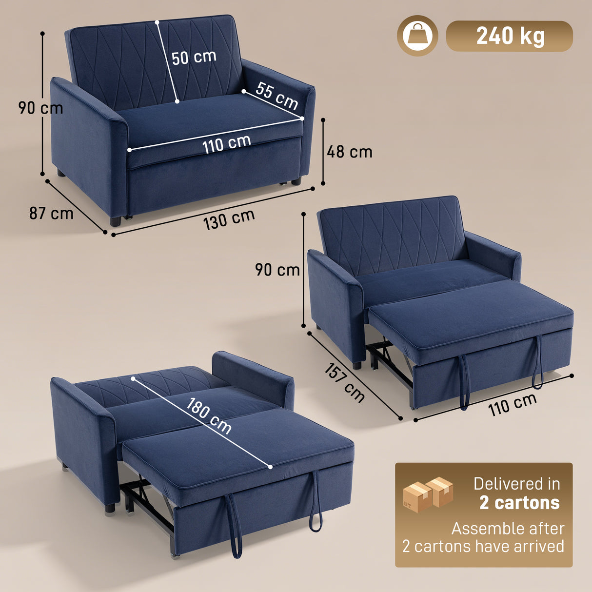 Velvet 2 Seater Sofa Bed 130cm Wide With 2 Pillows - Velmora
