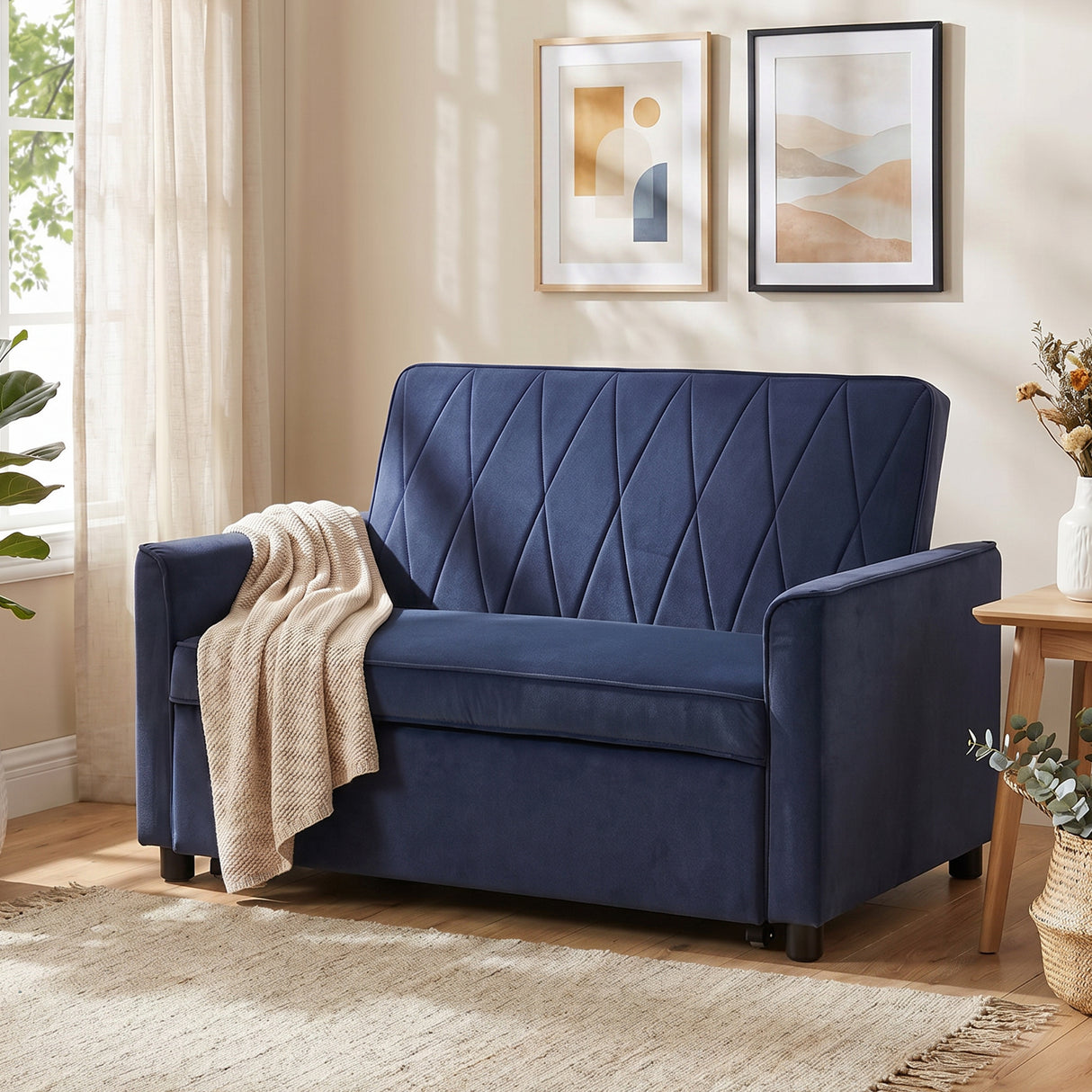 Velvet 2 Seater Sofa Bed 130cm Wide With 2 Pillows - Velmora