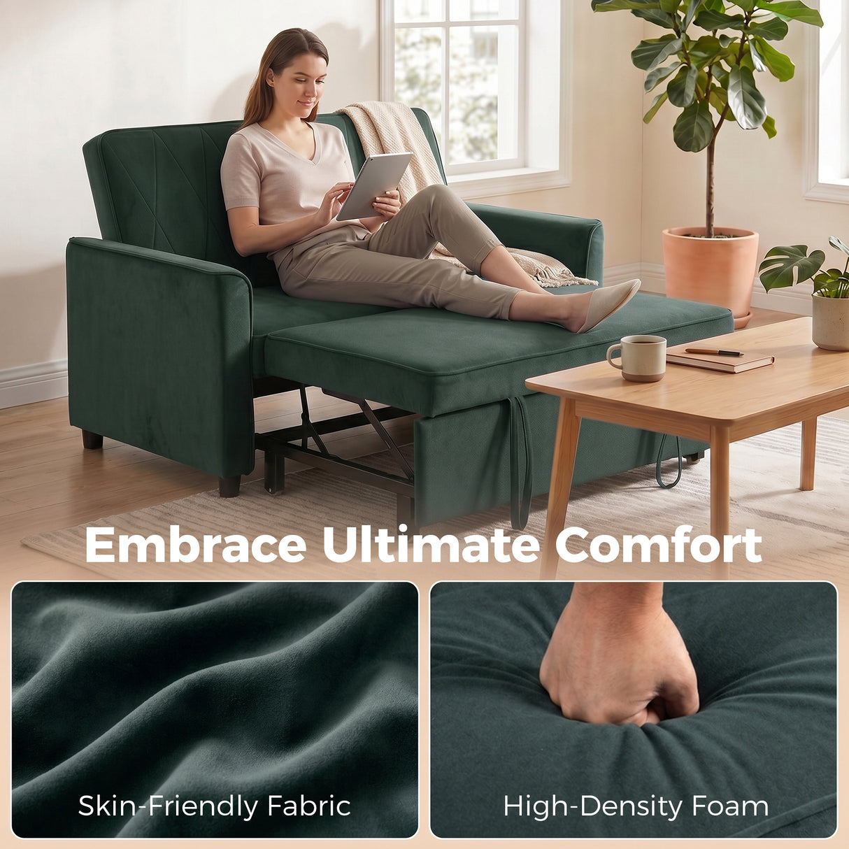 Velvet 2 Seater Sofa Bed 130cm Wide With 2 Pillows - Velmora