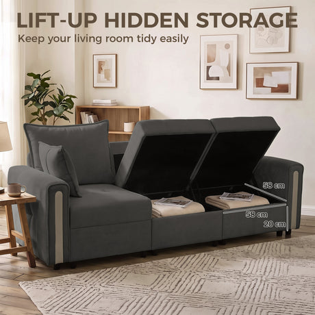 Velvet 3 Seater Sofa 228cm Wide With Lift Up Storage - Velmora