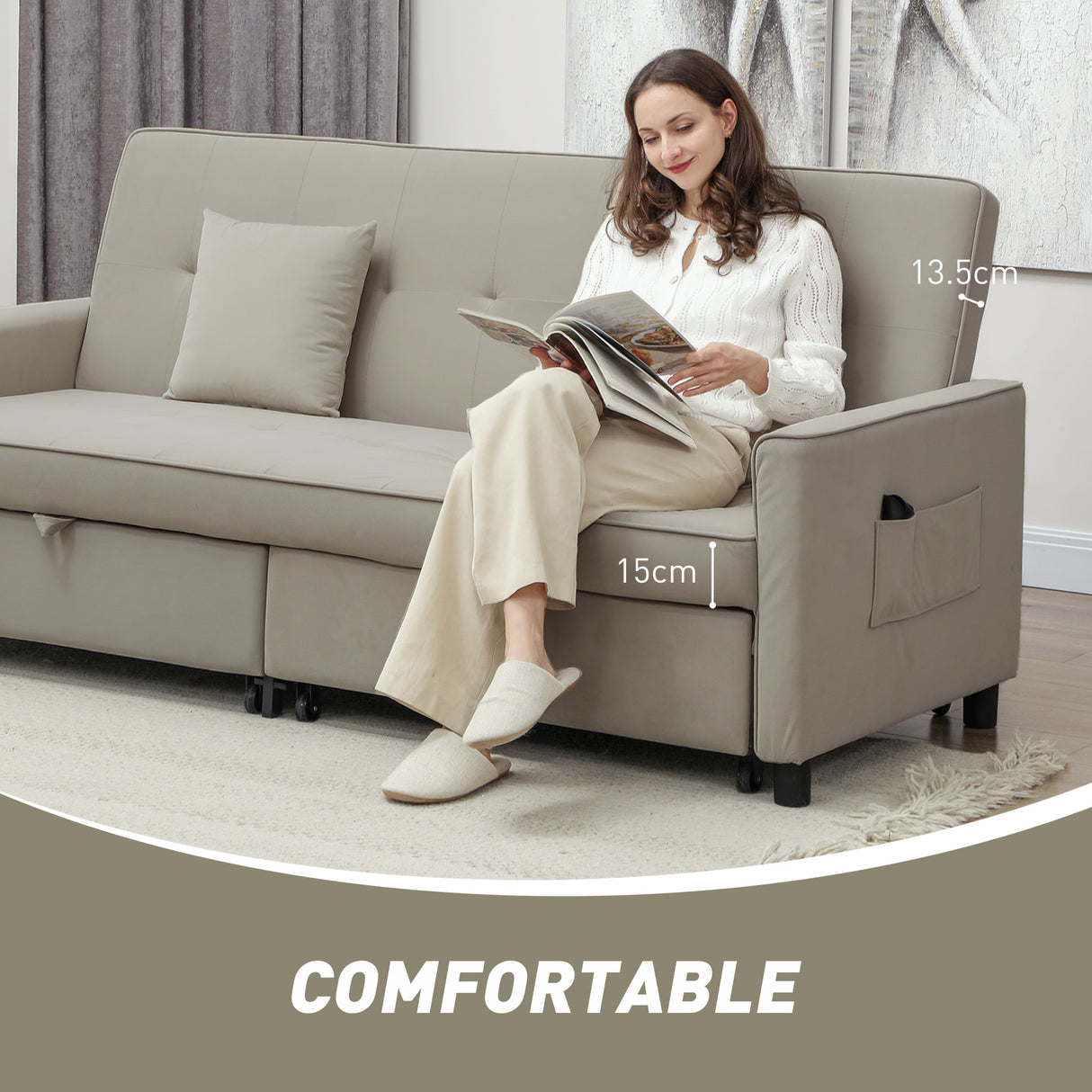 Velvet 3 Seater Sofa Bed 196cm Wide With 2 Pillows - Velmora