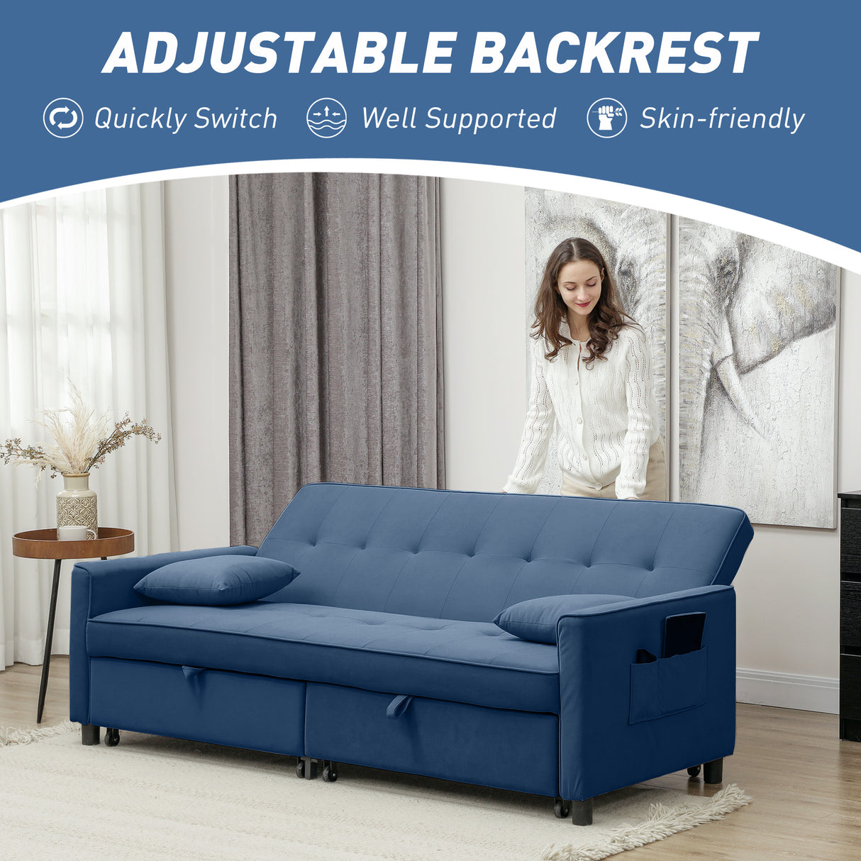 Velvet 3 Seater Sofa Bed 196cm Wide With 2 Pillows - Velmora