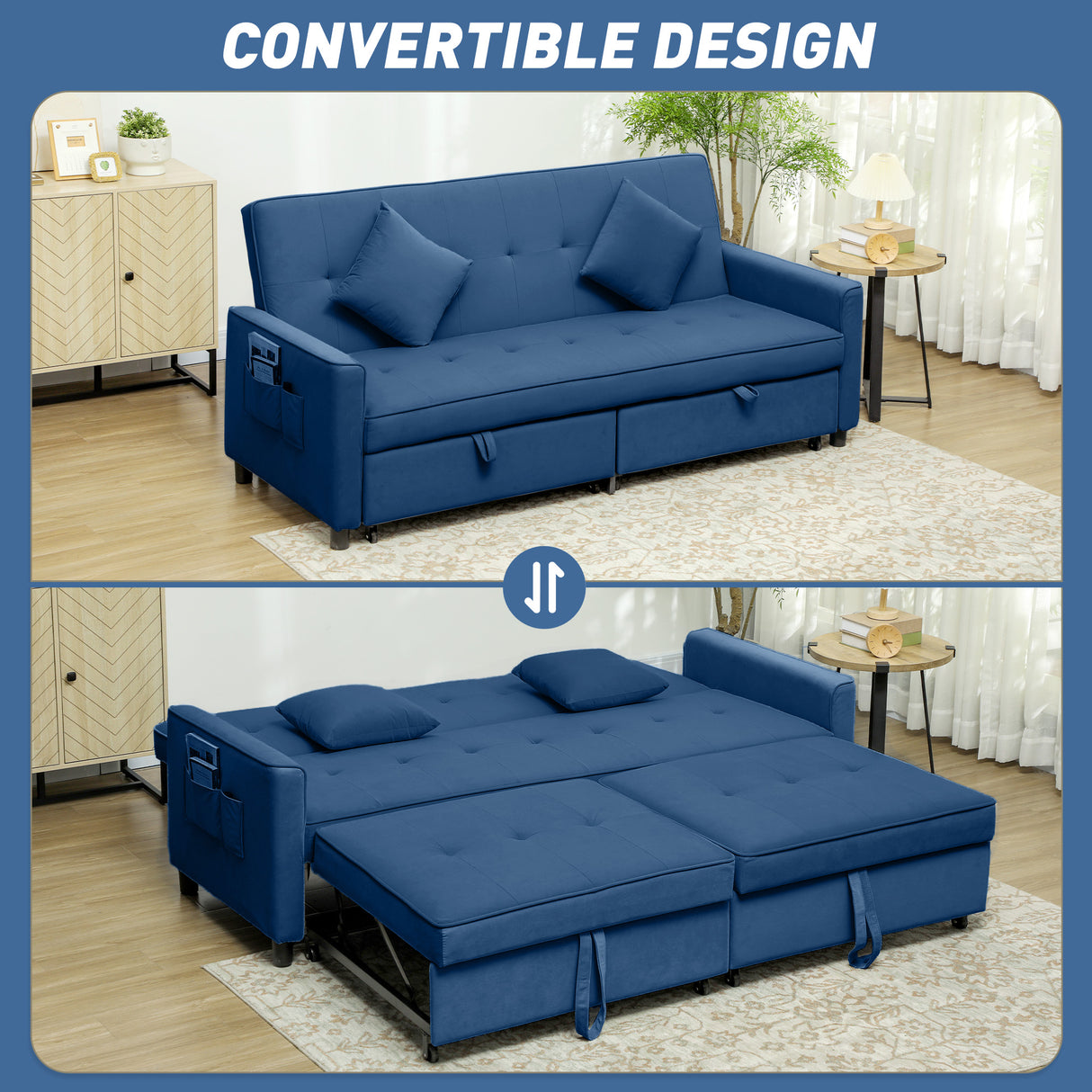 Velvet 3 Seater Sofa Bed 196cm Wide With 2 Pillows - Velmora