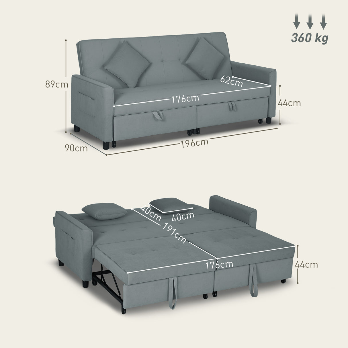 Velvet 3 Seater Sofa Bed 196cm Wide With 2 Pillows - Velmora