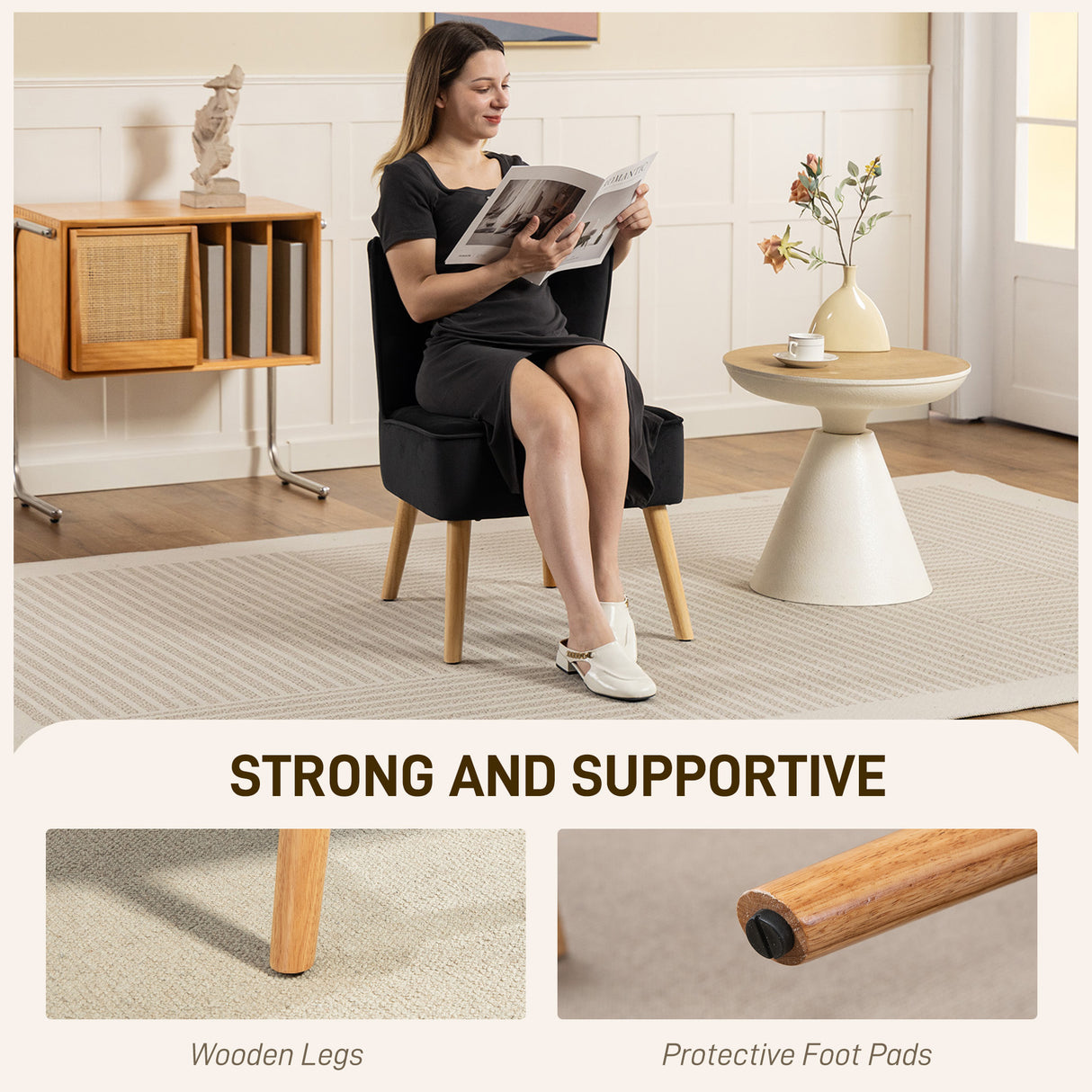 Velvet Accent Chair 57cm Wide With Wooden Legs - Velmora