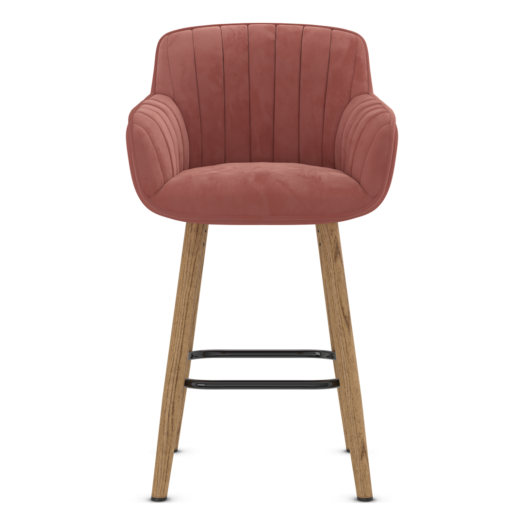 Velvet Bar Stool With Oak Wooden Legs - Pinley