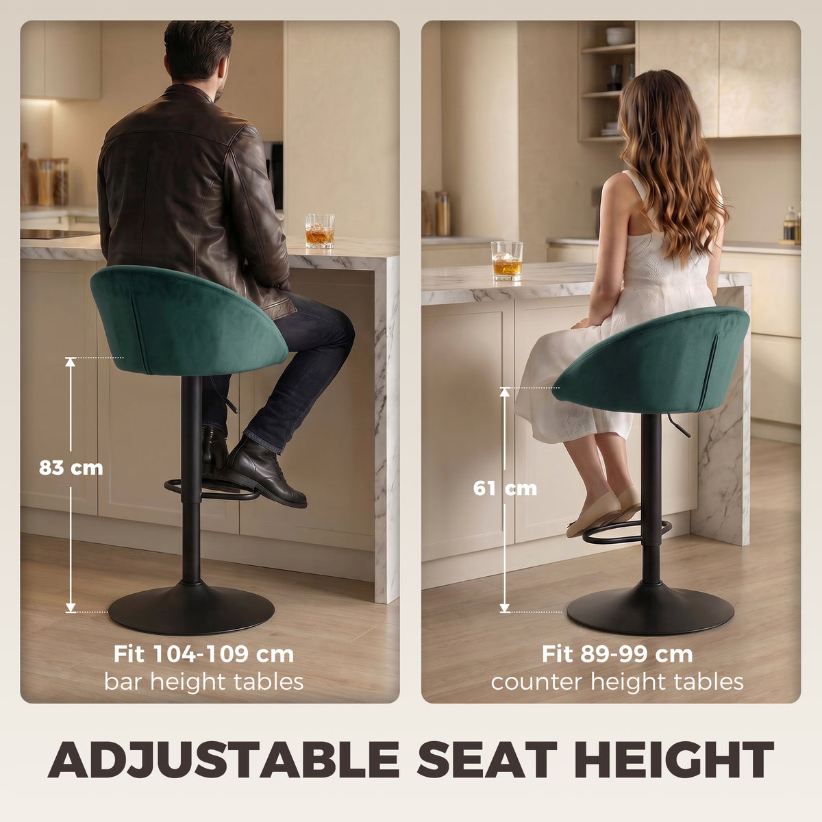 Velvet Bar Stools 51cm Wide in Set Of 2 - Velmora