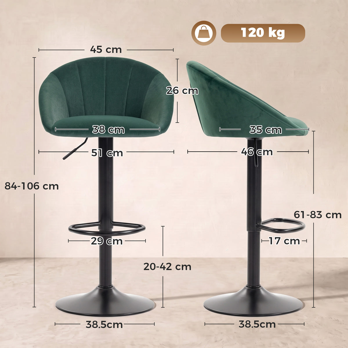 Velvet Bar Stools 51cm Wide in Set Of 2 - Velmora