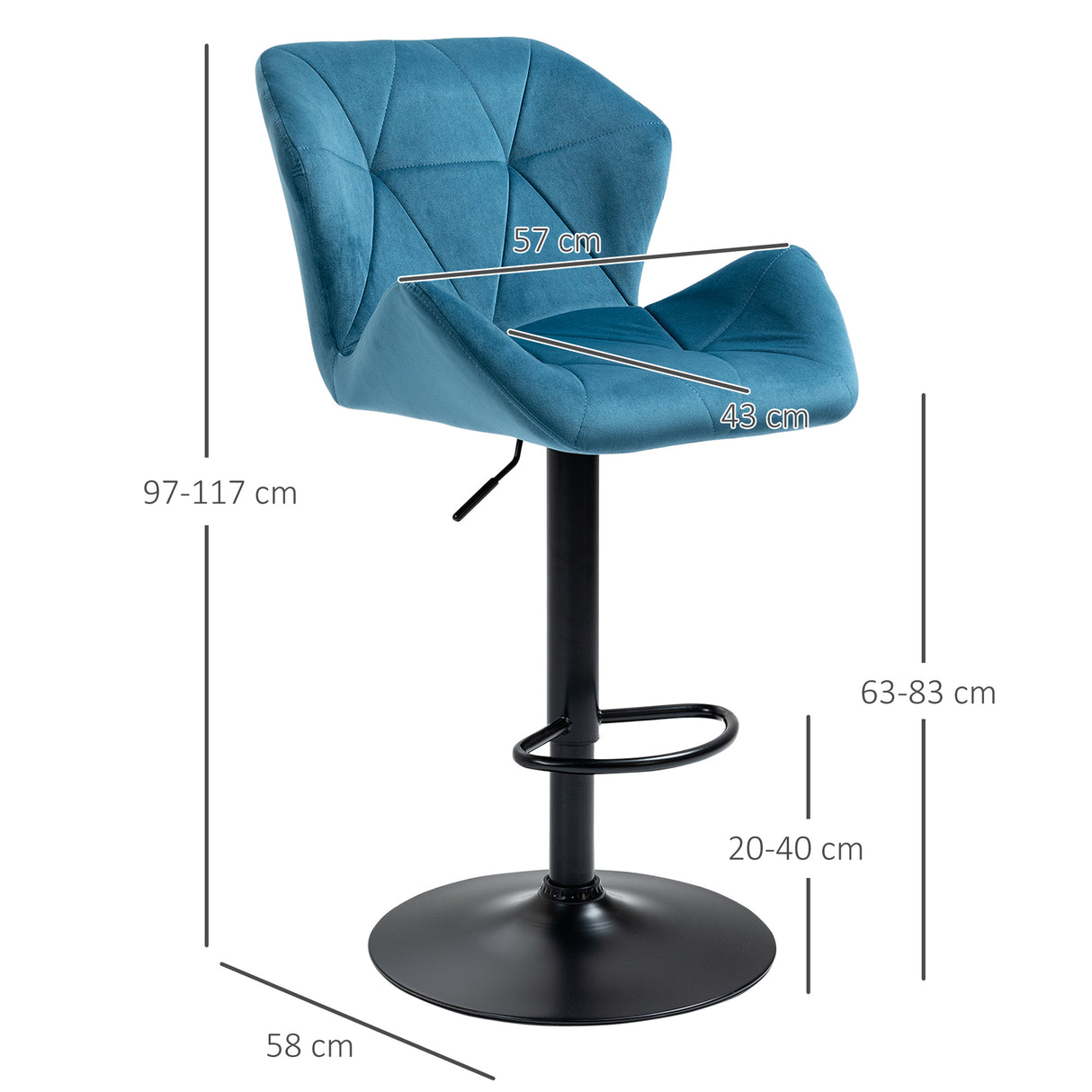 Velvet Bar Stools 57cm Wide in Set Of 2 With Metal Frame Footrest - Velmora