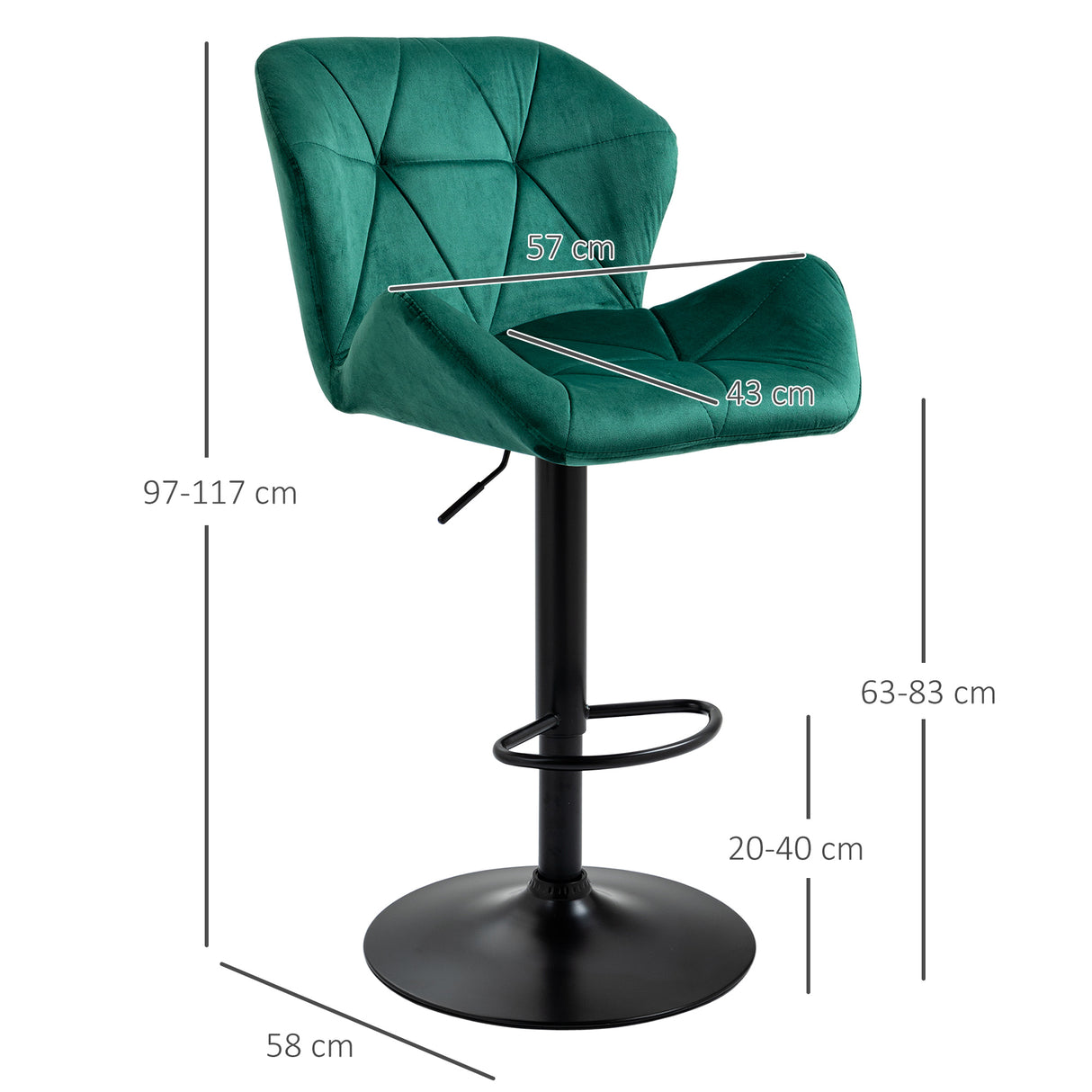Velvet Bar Stools 57cm Wide in Set Of 2 With Metal Frame Footrest - Velmora