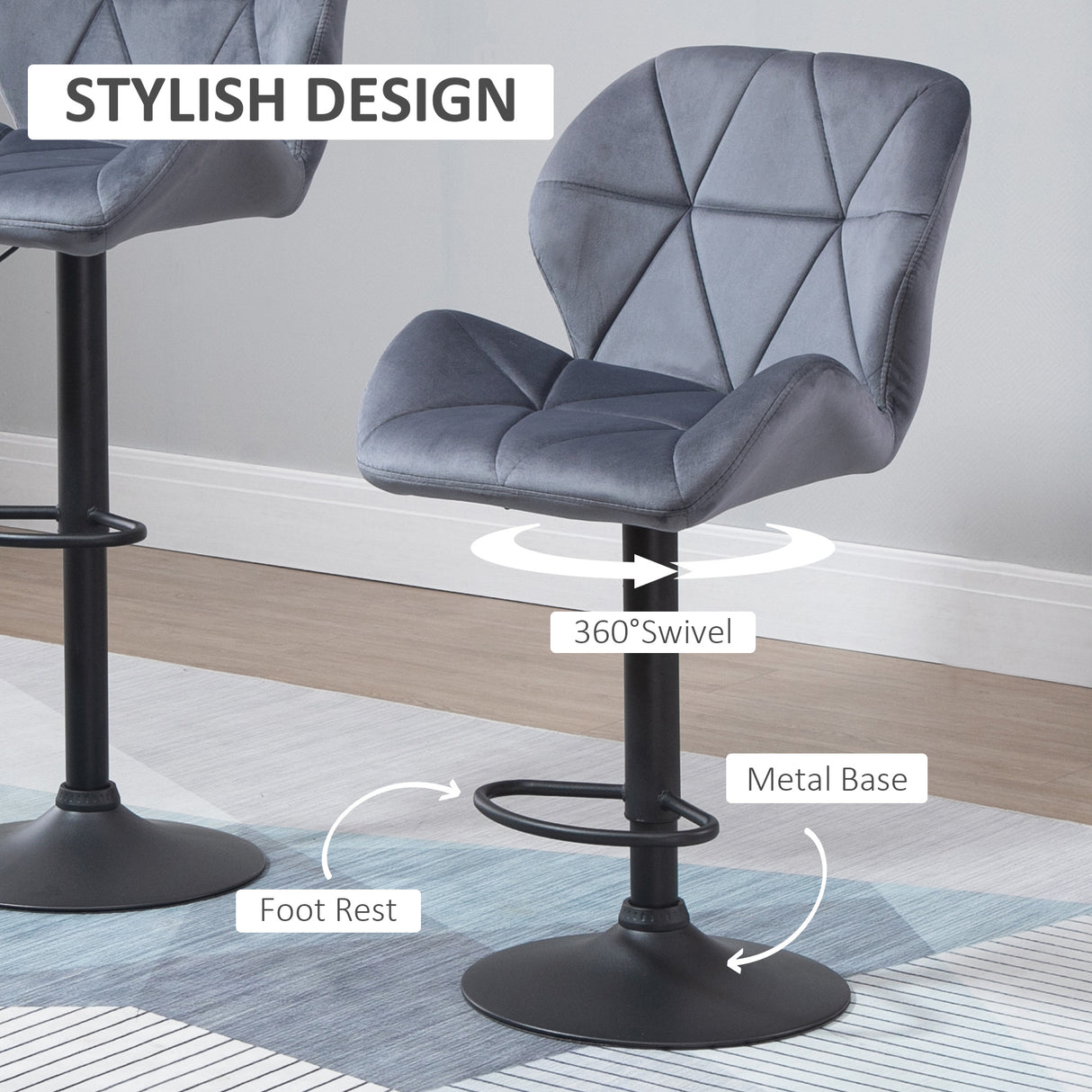 Velvet Bar Stools in Set Of 2 With Metal Frame Footrest - Velmora