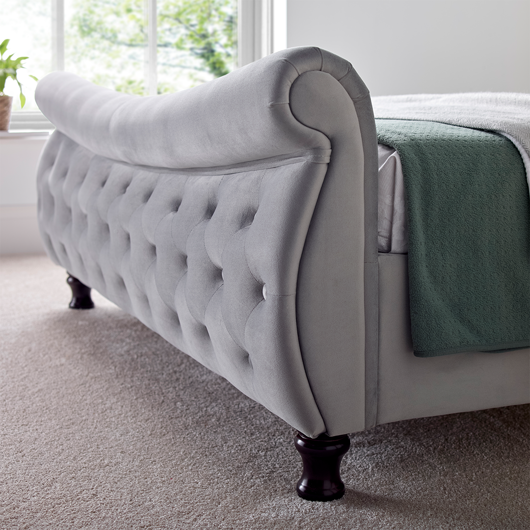 Velvet Chesterfield Sleigh Double Bed - Oxford