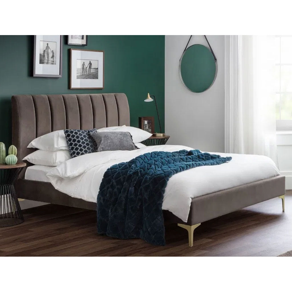 Velvet Double Bed With Gold Metal Feet - Deco