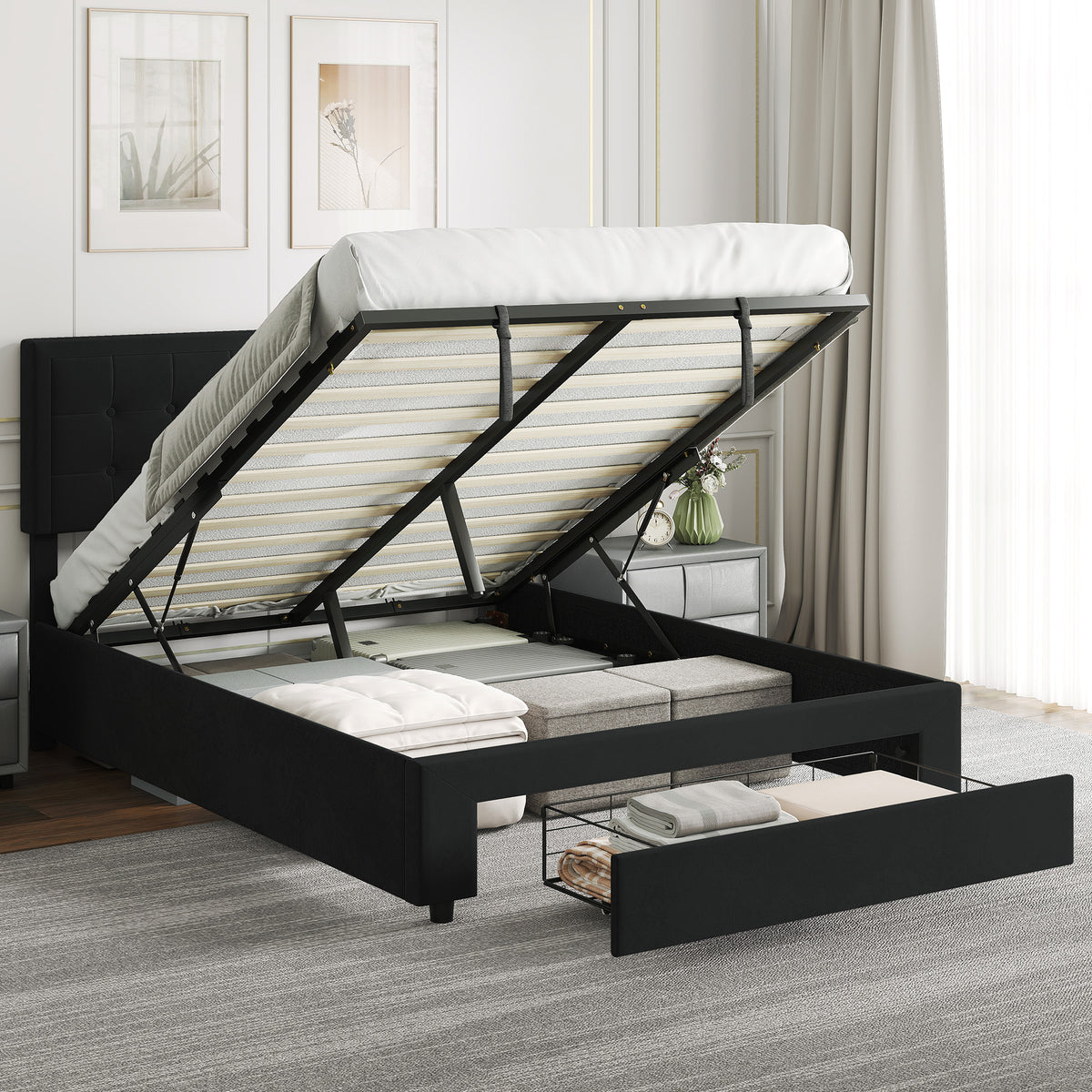 Velvet Double Ottoman Storage Bed 140cm Wide With Front Drawer - Velmora