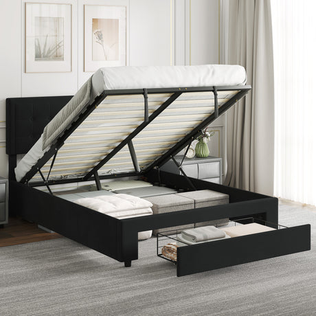 Velvet Double Ottoman Storage Bed 140cm Wide With Front Drawer - Velmora