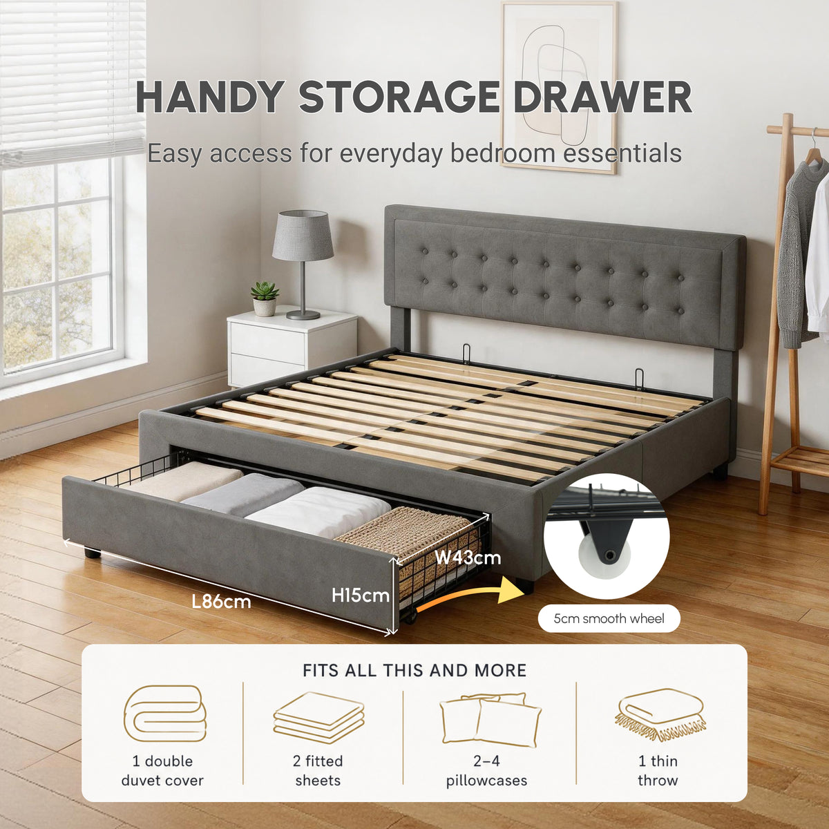 Velvet Double Ottoman Storage Bed 157.5cm Wide With Front Drawer - Velmora