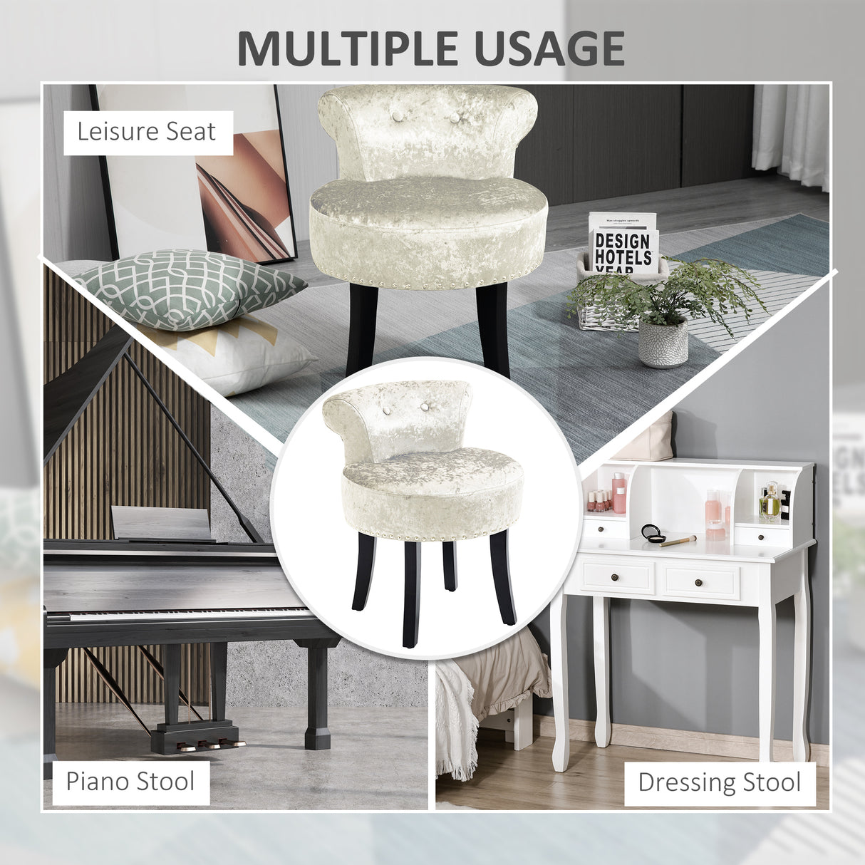 Velvet Dressing Table Stool 50cm Wide With Rubber Wood Legs - Velmora