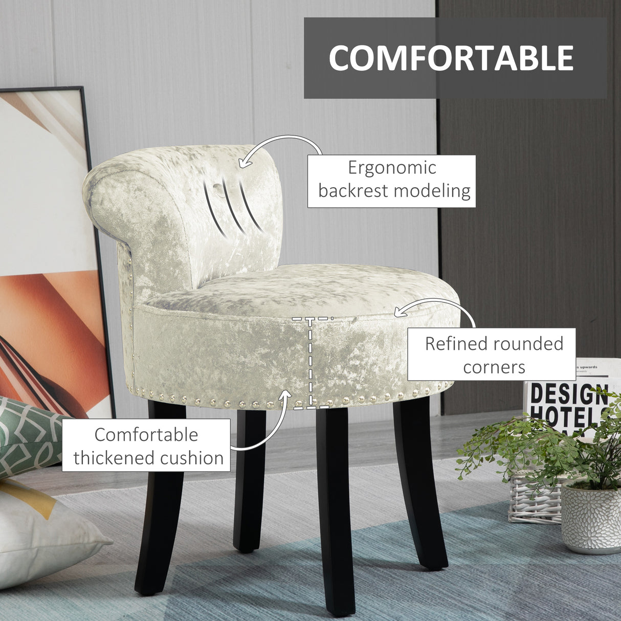 Velvet Dressing Table Stool 50cm Wide With Rubber Wood Legs - Velmora