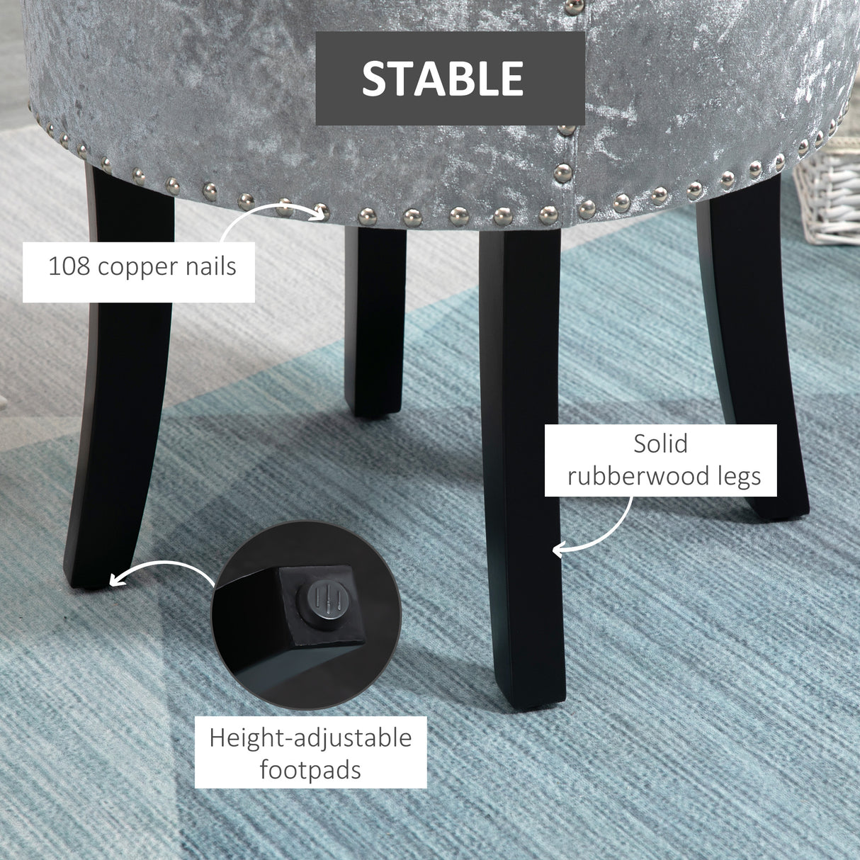 Velvet Dressing Table Stool 50cm Wide With Rubber Wood Legs - Velmora