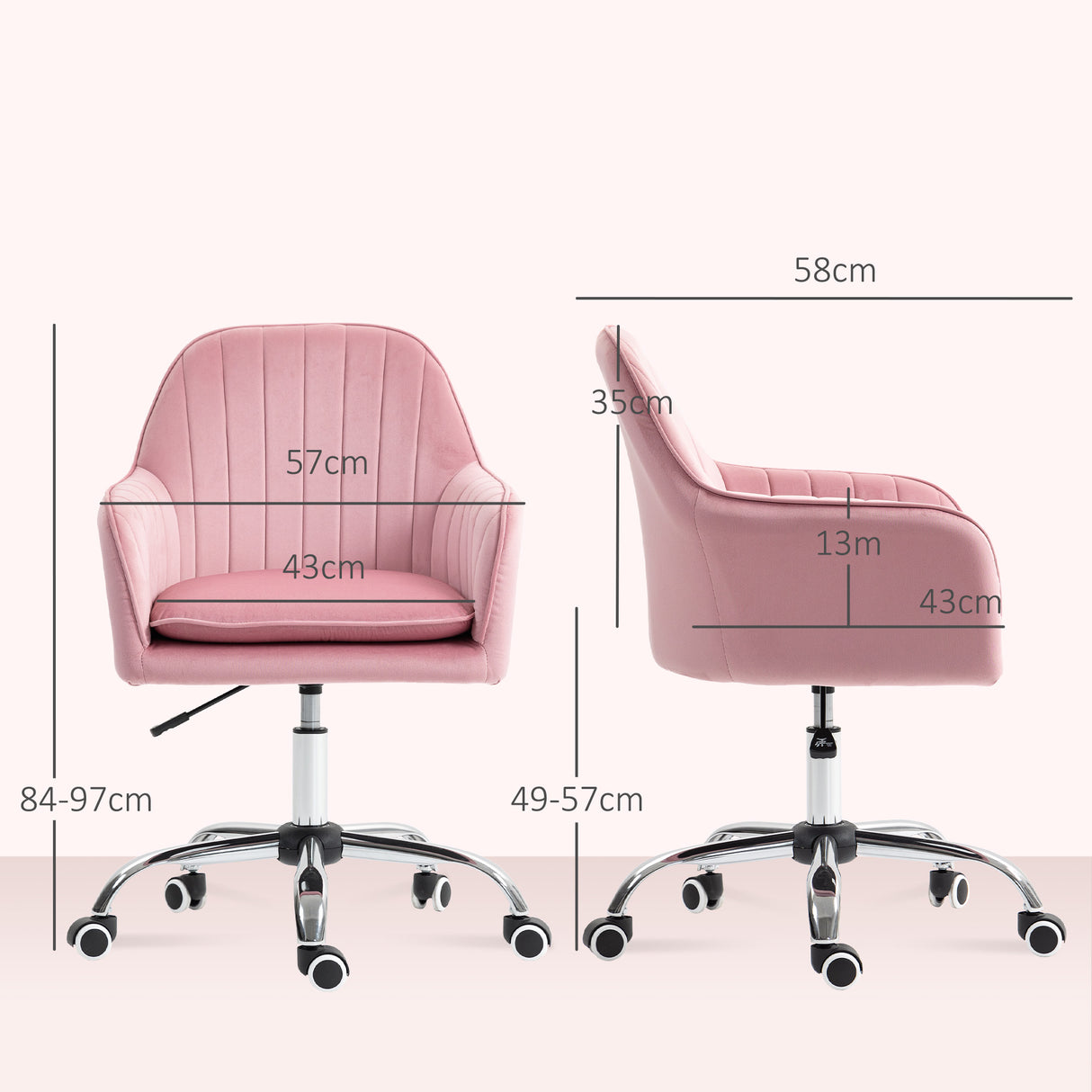 Velvet Home And Office Chair 57cm Wide With Rolling Wheels - Velmora