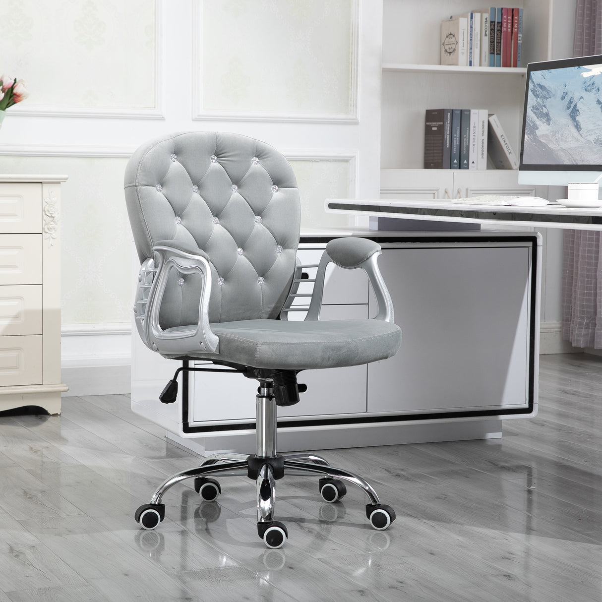 Velvet Home And Office Chair 59.5cm Wide With Diamante Back - Velmora