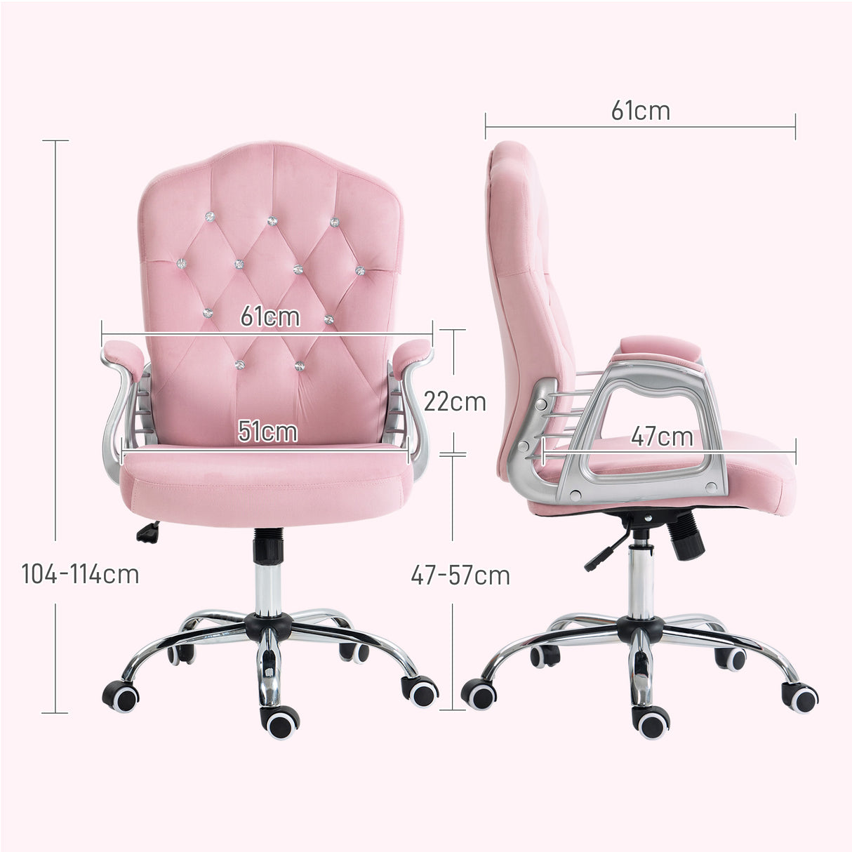 Velvet Home And Office Chair 61cm Wide With Diamante Back - Velmora