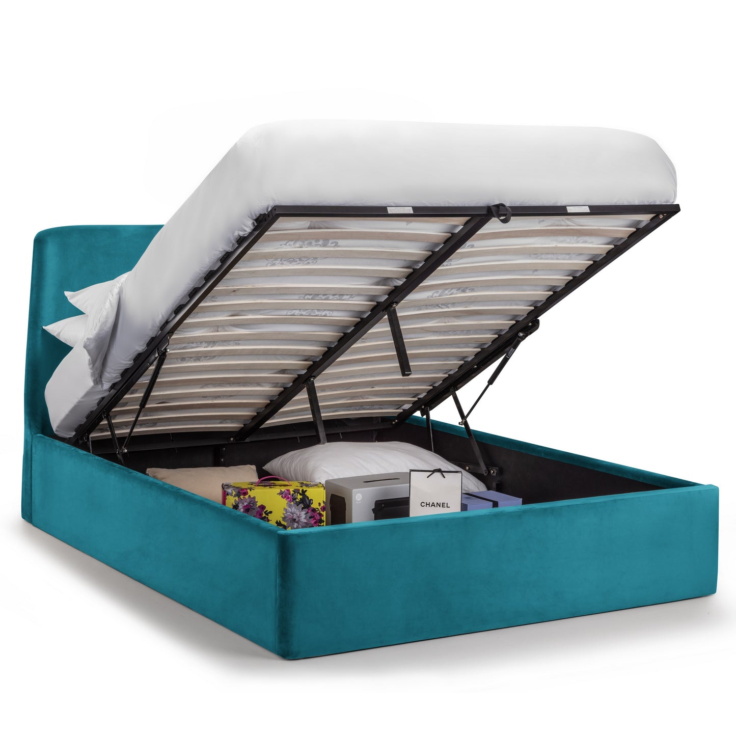Velvet King Size Ottoman Storage Bed With Curved Headboard - Frida