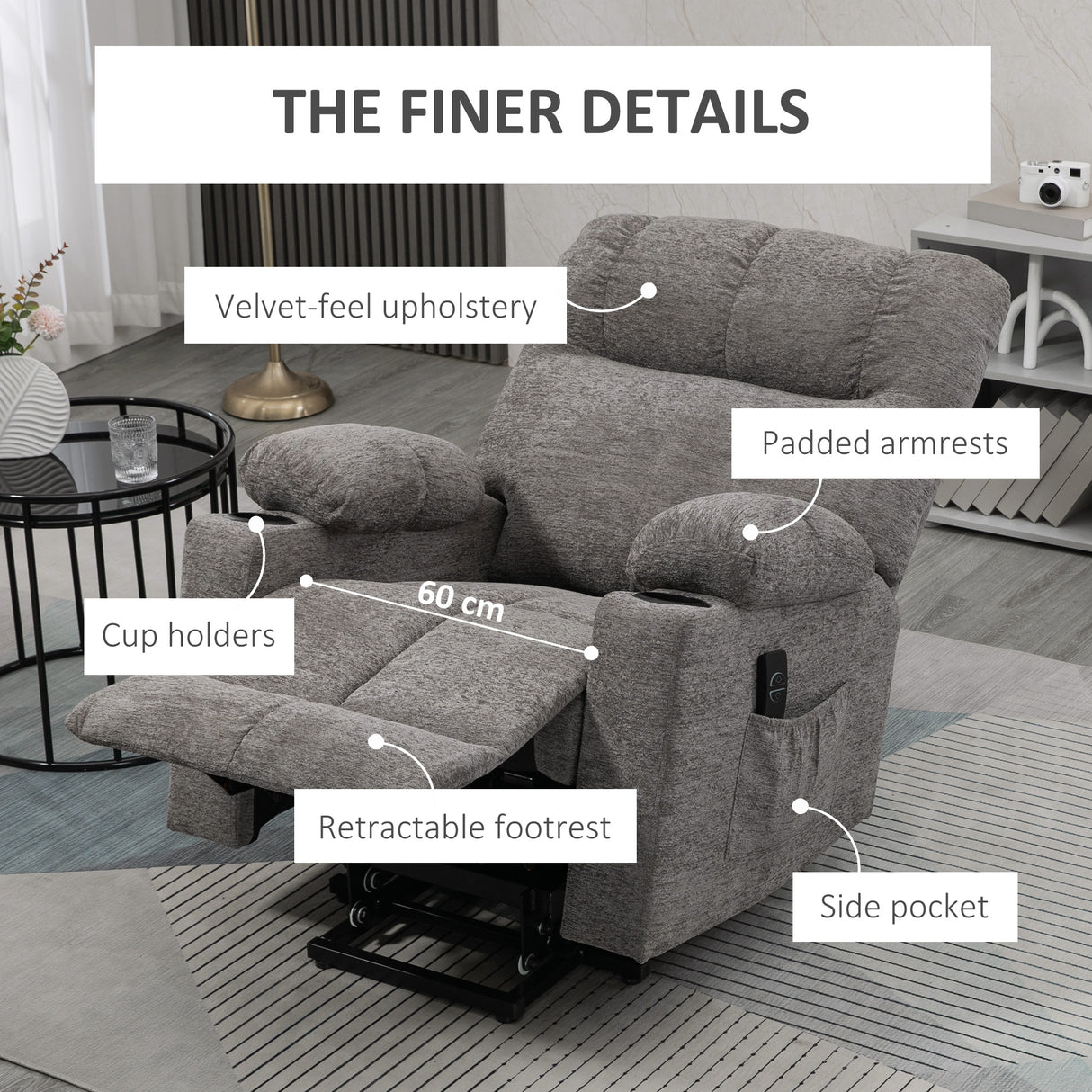 Velvet Recliner Chair 91cm Wide With Footrest - Velmora