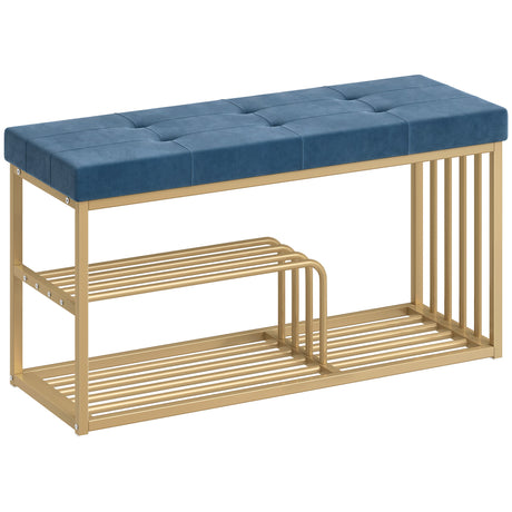 Velvet Shoe Storage Bench 100cm Wide With Gold Steel Frame - Velmora