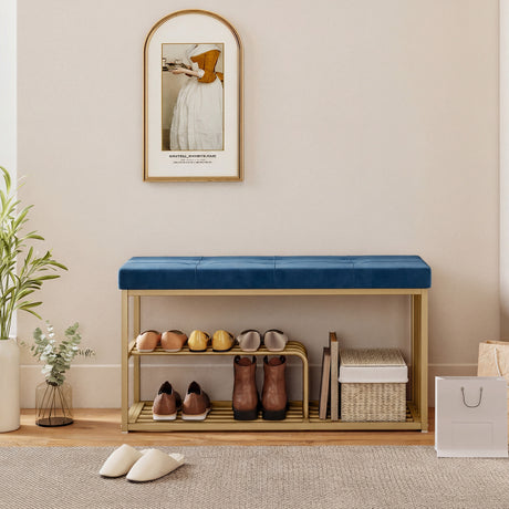 Velvet Shoe Storage Bench 100cm Wide With Gold Steel Frame - Velmora