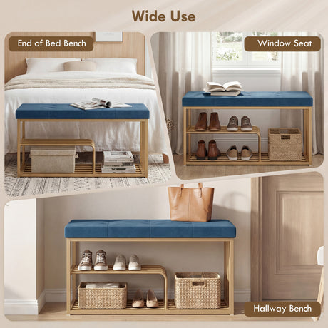 Velvet Shoe Storage Bench 100cm Wide With Gold Steel Frame - Velmora