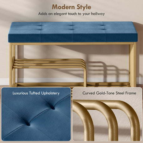 Velvet Shoe Storage Bench 100cm Wide With Gold Steel Frame - Velmora