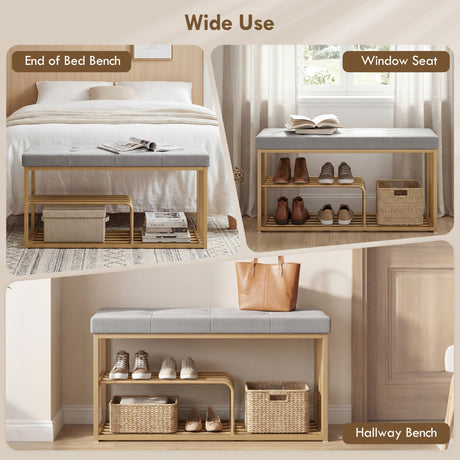 Velvet Shoe Storage Bench 100cm Wide With Gold Steel Frame - Velmora
