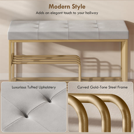 Velvet Shoe Storage Bench 100cm Wide With Gold Steel Frame - Velmora