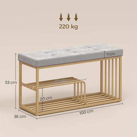 Velvet Shoe Storage Bench 100cm Wide With Gold Steel Frame - Velmora