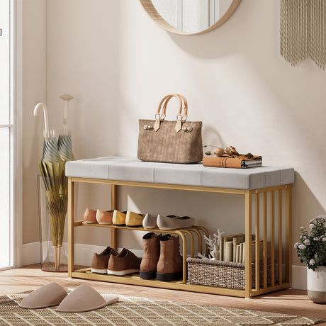Velvet Shoe Storage Bench 100cm Wide With Gold Steel Frame - Velmora
