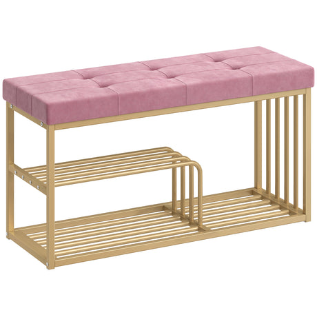 Velvet Shoe Storage Bench 100cm Wide With Gold Steel Frame - Velmora