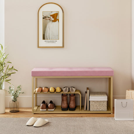Velvet Shoe Storage Bench 100cm Wide With Gold Steel Frame - Velmora