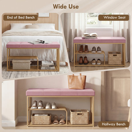Velvet Shoe Storage Bench 100cm Wide With Gold Steel Frame - Velmora