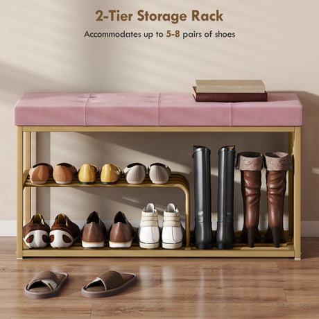 Velvet Shoe Storage Bench 100cm Wide With Gold Steel Frame - Velmora