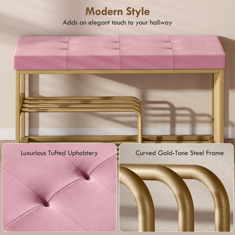 Velvet Shoe Storage Bench 100cm Wide With Gold Steel Frame - Velmora