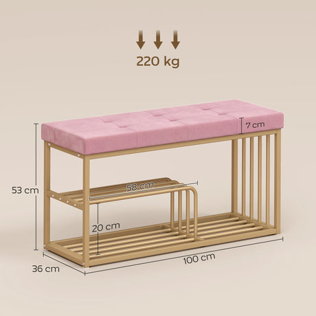 Velvet Shoe Storage Bench 100cm Wide With Gold Steel Frame - Velmora