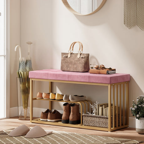 Velvet Shoe Storage Bench 100cm Wide With Gold Steel Frame - Velmora