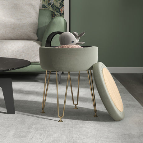 Velvet Storage Ottoman 33cm Wide Round With Gold Legs - Velmora