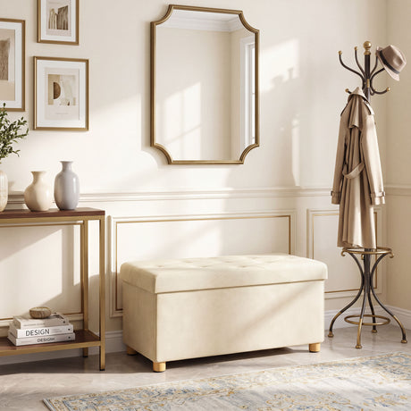 Velvet Storage Ottoman 76cm Wide With Wooden Legs - Velmora