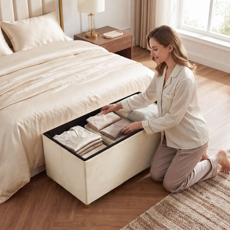 Velvet Storage Ottoman 76cm Wide With Wooden Legs - Velmora