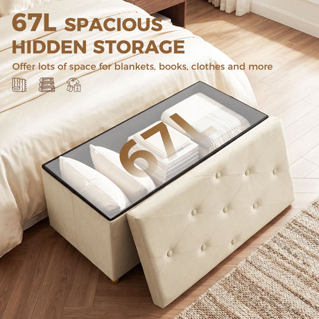 Velvet Storage Ottoman 76cm Wide With Wooden Legs - Velmora