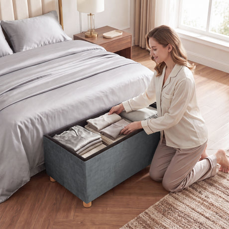 Velvet Storage Ottoman 76cm Wide With Wooden Legs - Velmora
