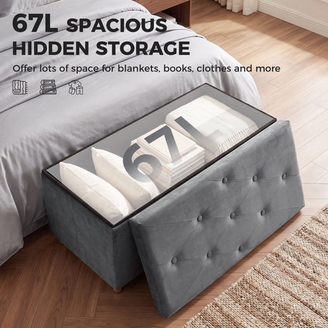 Velvet Storage Ottoman 76cm Wide With Wooden Legs - Velmora