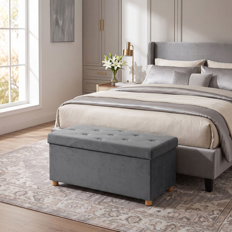Velvet Storage Ottoman 76cm Wide With Wooden Legs - Velmora